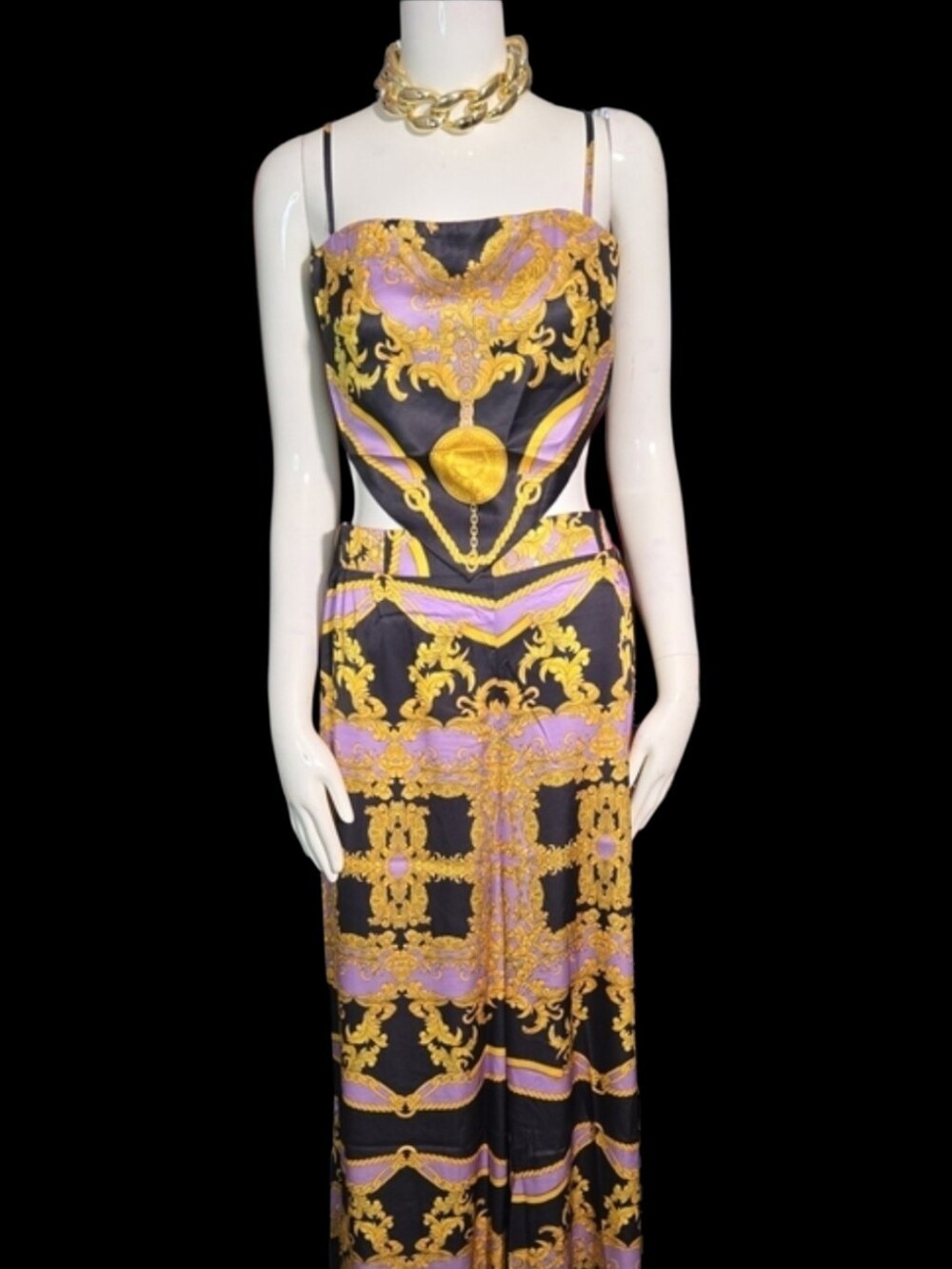 2 PC Set Black & Purple  Crop Top & Wide Leg Pants